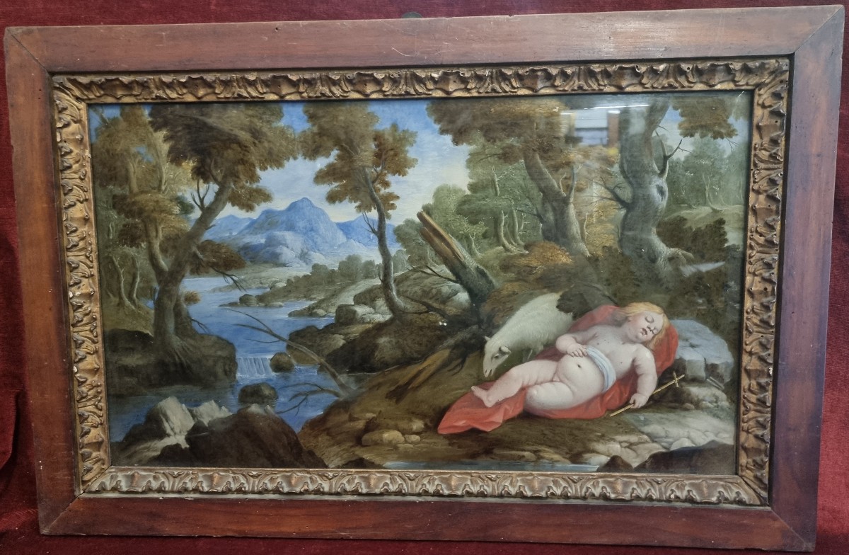 DIPINTO SOTTO VETRO - SAN GIOVANNINO DORMIENTE  - SECONDA META DEL XVII SECOLO  - CENTRO ITALIA
