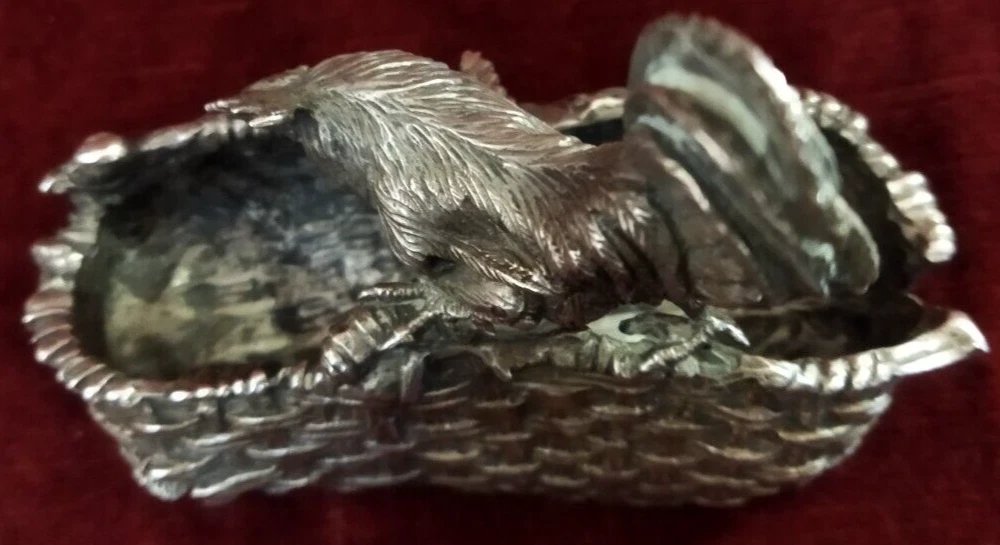 SCULTURA ARGENTO GALLO SOPRA CESTINO BOLLO 84 RUSSIA-photo-3