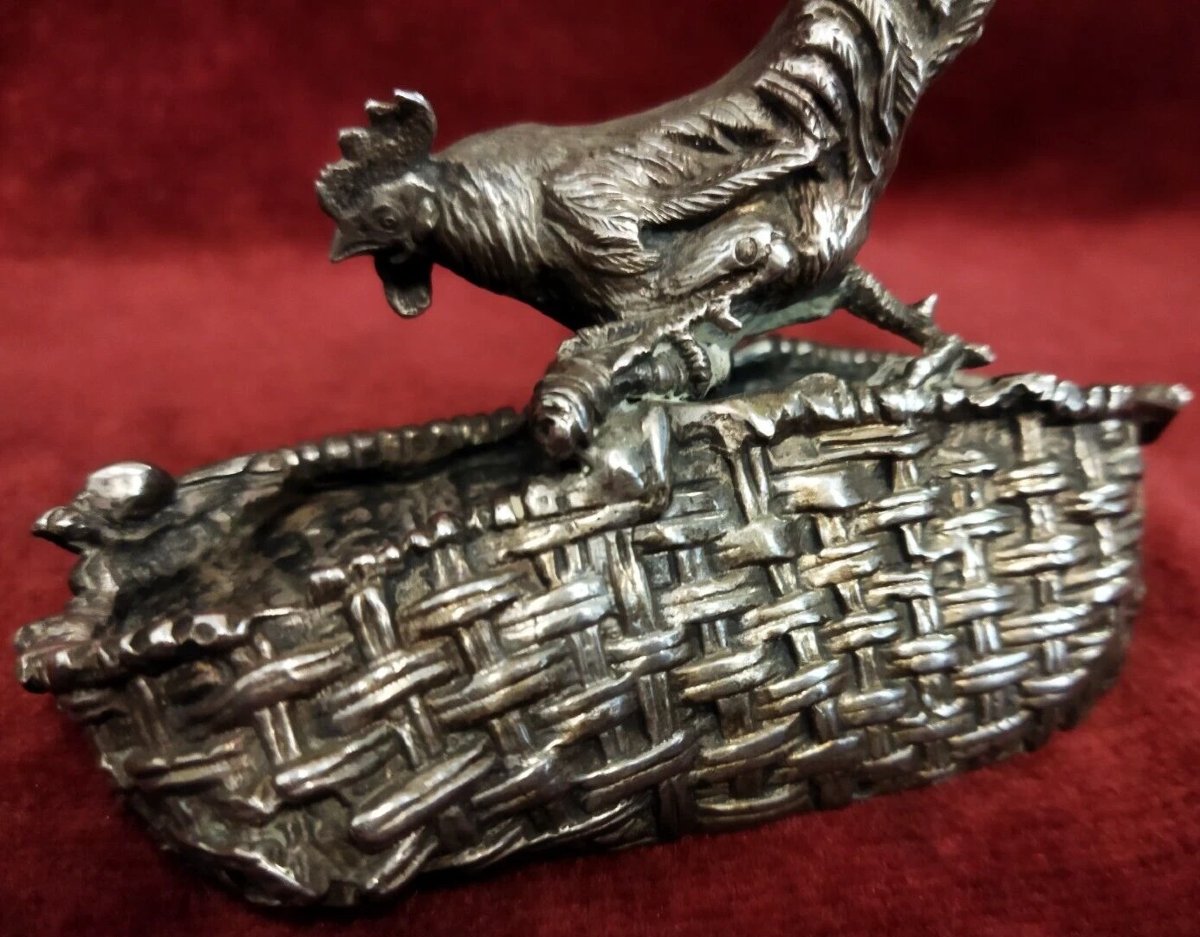 SCULTURA ARGENTO GALLO SOPRA CESTINO BOLLO 84 RUSSIA-photo-4