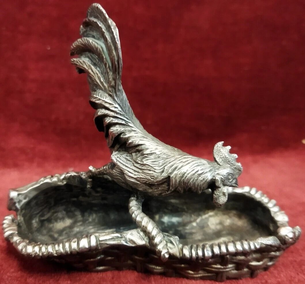 SCULTURA ARGENTO GALLO SOPRA CESTINO BOLLO 84 RUSSIA