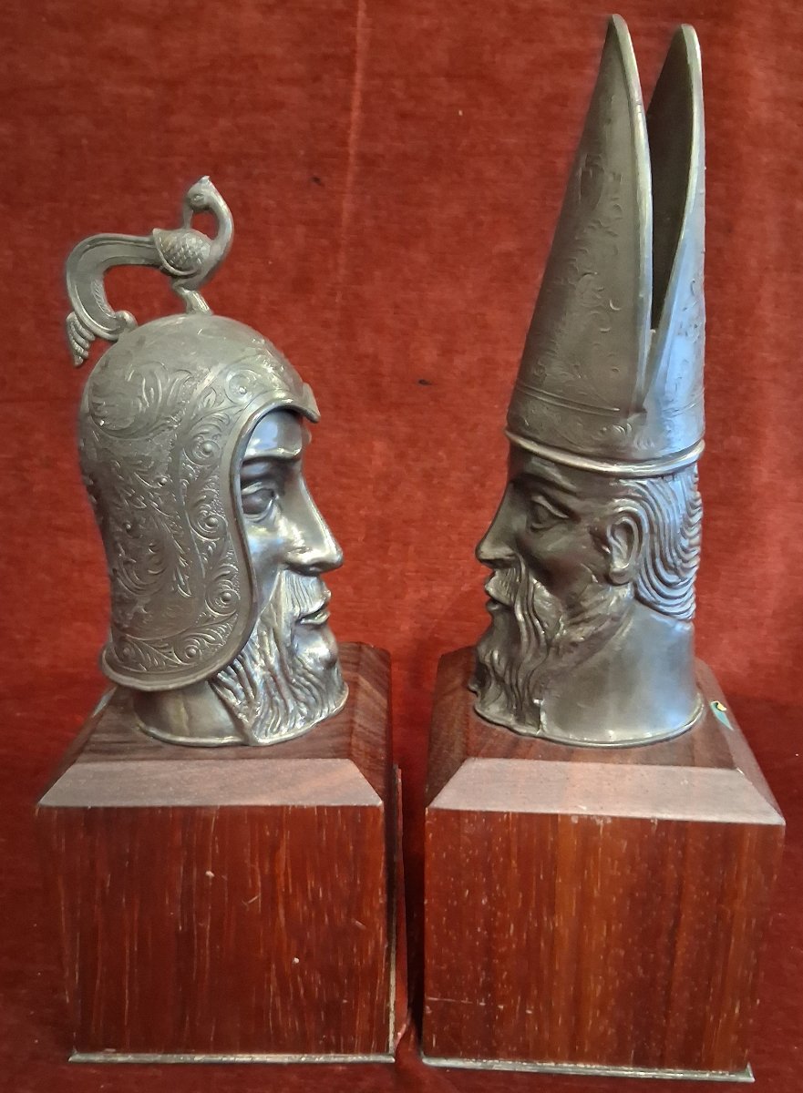 SET FERMALIBRI LEGNO E PELTRO - TESTE DI CAVALIERI - ALFREDO CENACCHI - anni '60-photo-3