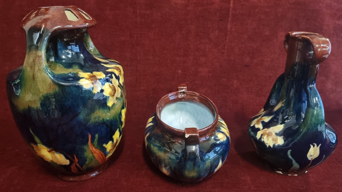 SET 3 VASI CERAMICA DIPINTA - OLD MORAVIAN POTTERY - INIZIO XX SECOLO-photo-2