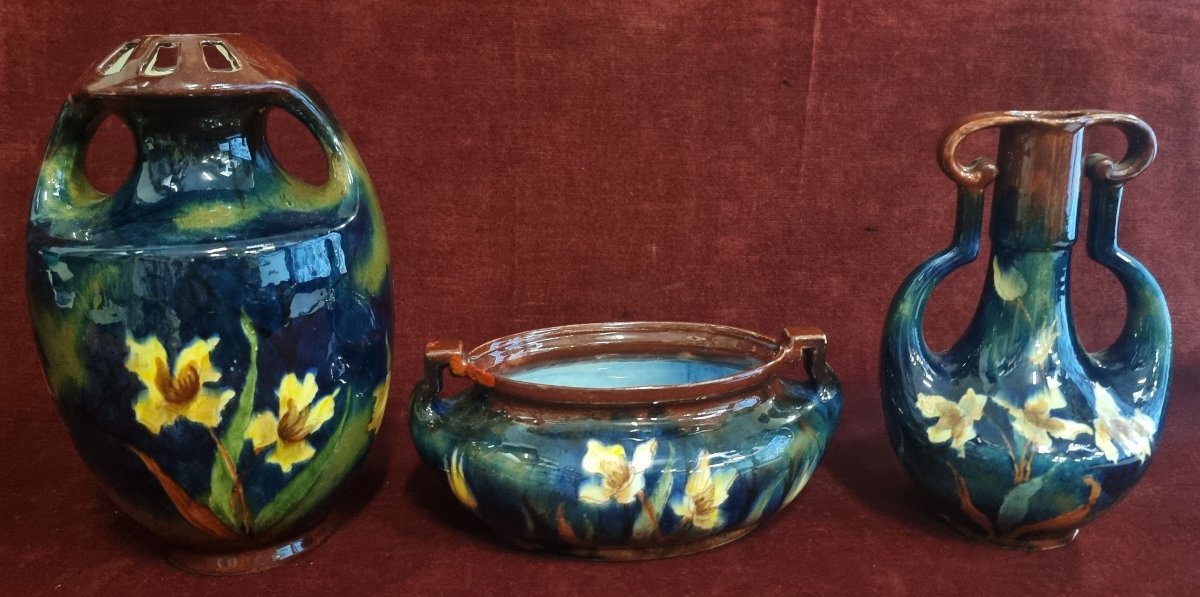 SET 3 VASI CERAMICA DIPINTA - OLD MORAVIAN POTTERY - INIZIO XX SECOLO-photo-3