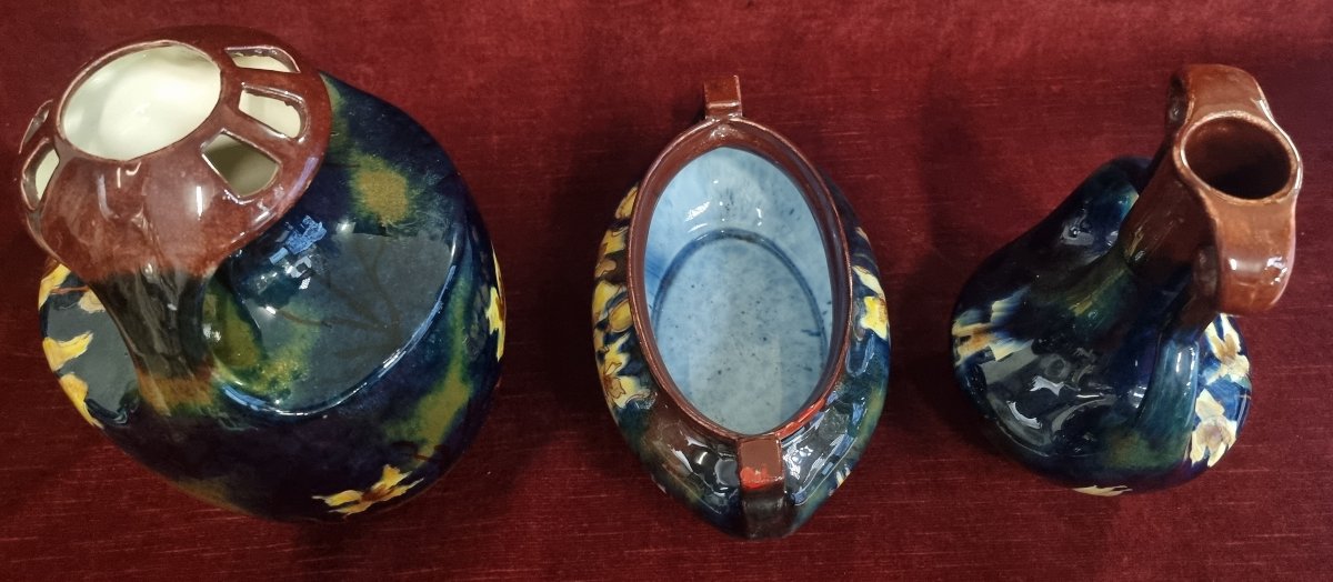 SET 3 VASI CERAMICA DIPINTA - OLD MORAVIAN POTTERY - INIZIO XX SECOLO-photo-1