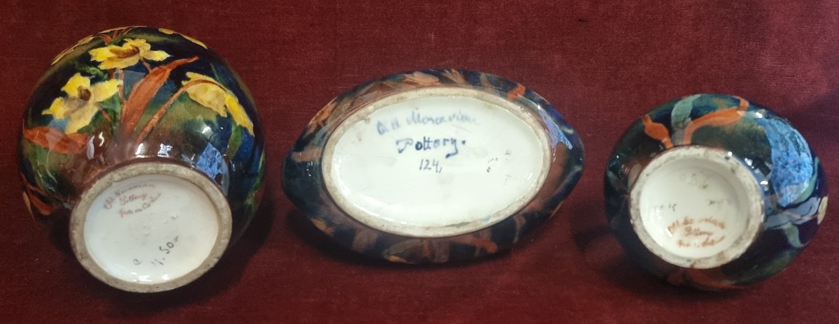 SET 3 VASI CERAMICA DIPINTA - OLD MORAVIAN POTTERY - INIZIO XX SECOLO-photo-2