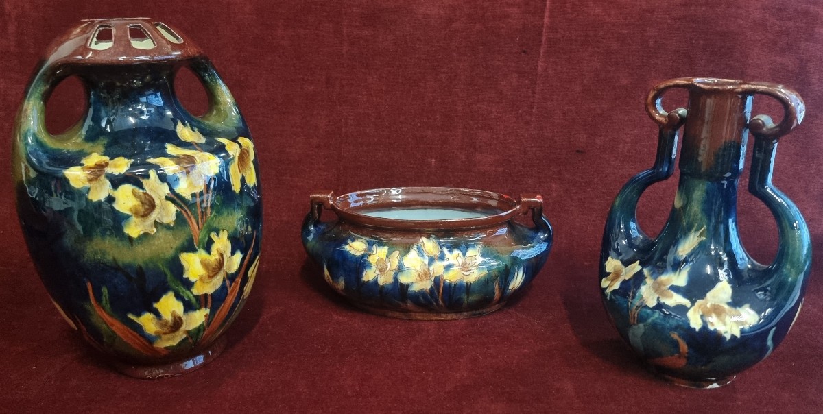 SET 3 VASI CERAMICA DIPINTA - OLD MORAVIAN POTTERY - INIZIO XX SECOLO