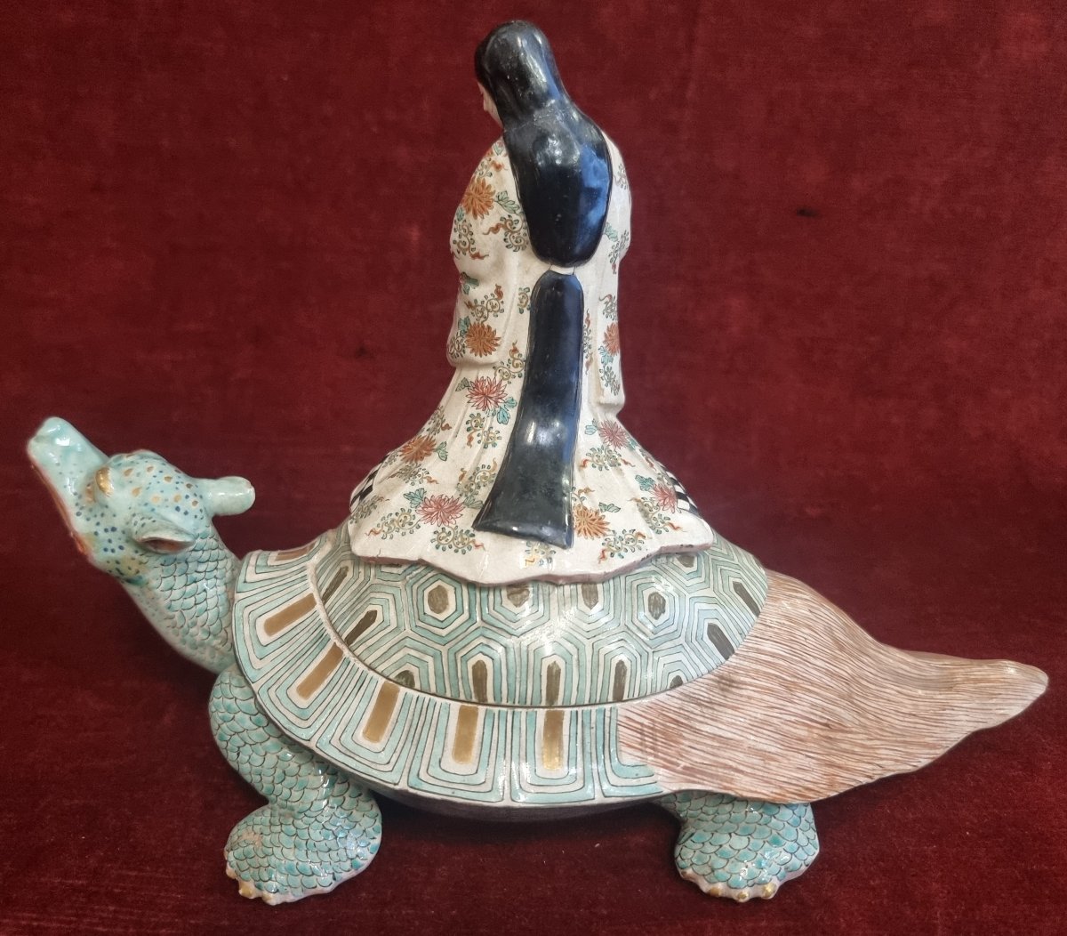 SCATOLA DONNA SU DRAGO CERAMICA SATSUMA GIAPPONE - DEL XIX SECOLO-photo-3