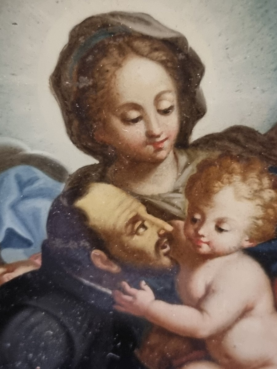 DIPINTO SOTTO VETRO - MADONNA BAMBINO E SANTO - SECONDA META DEL XVII SECOLO ITALIA MERIDIONALE-photo-3