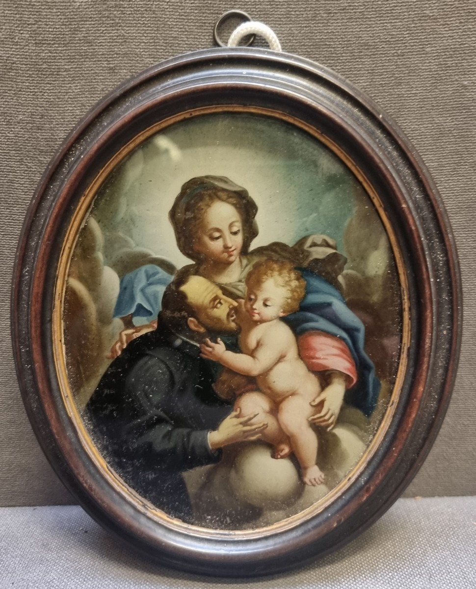 DIPINTO SOTTO VETRO - MADONNA BAMBINO E SANTO - SECONDA META DEL XVII SECOLO ITALIA MERIDIONALE