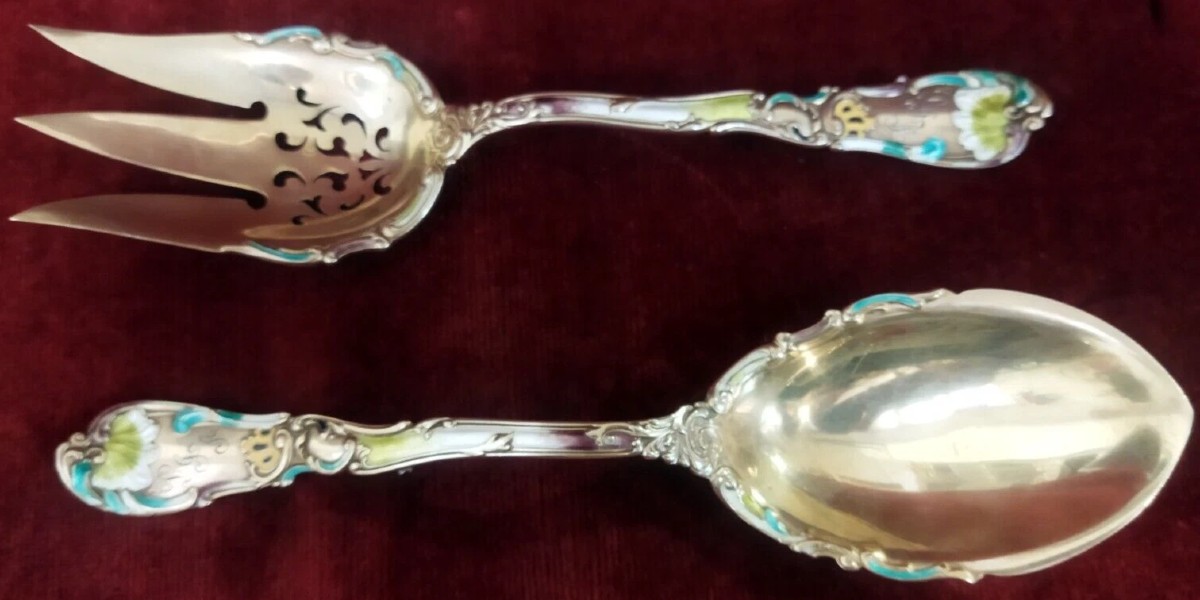 COPPIA POSATE in STERLING 925 e SMALTI primi '900 - LIBERTY