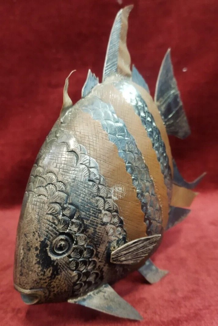 SCULTURA PESCE ARTICOLATO IN RAME e ARGENTO  - anni '70-photo-2