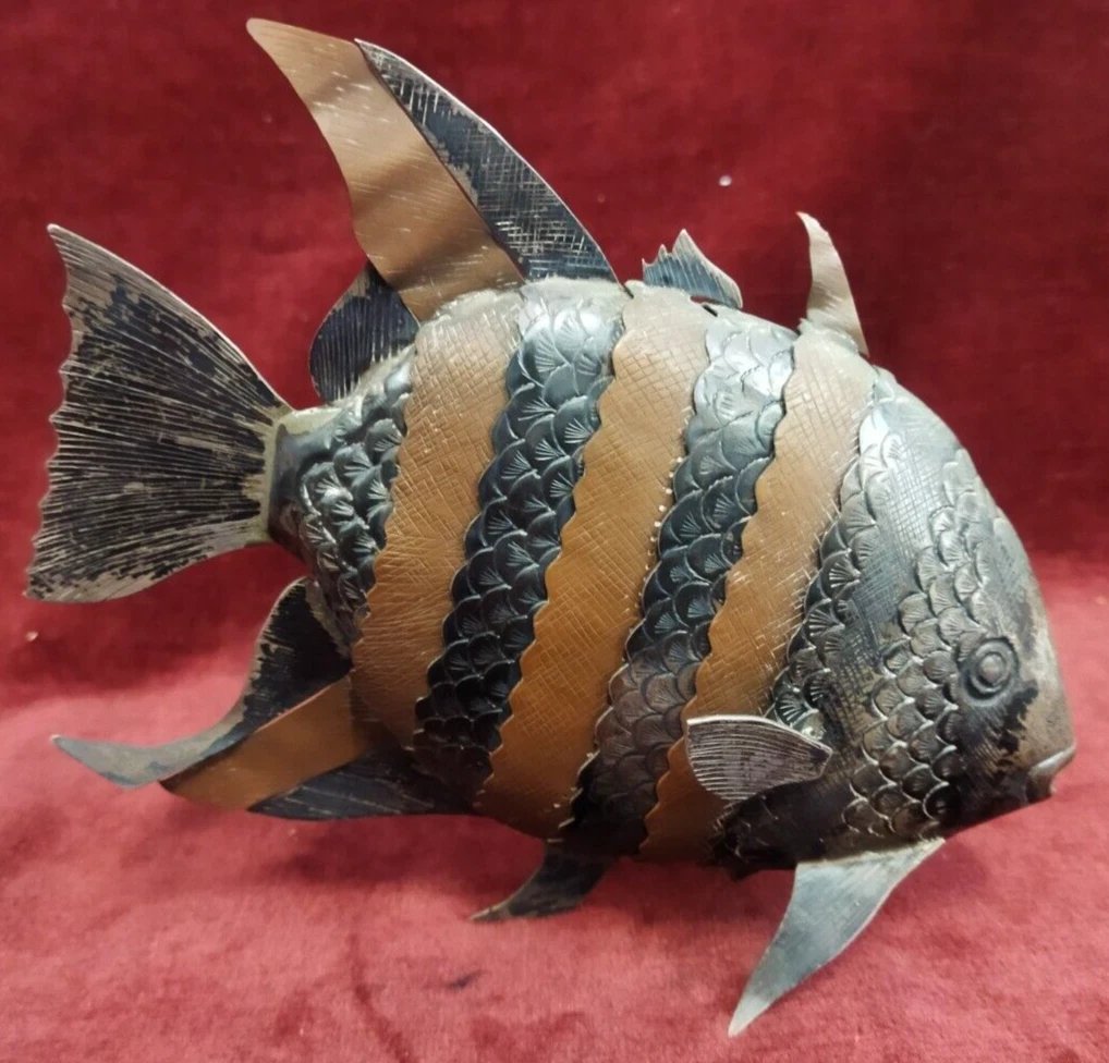 SCULTURA PESCE ARTICOLATO IN RAME e ARGENTO  - anni '70-photo-3