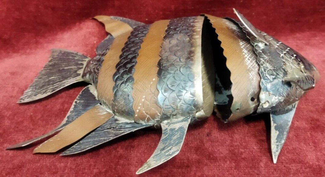 SCULTURA PESCE ARTICOLATO IN RAME e ARGENTO  - anni '70-photo-4