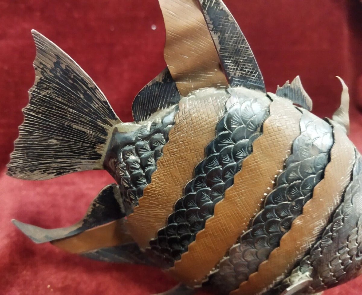 SCULTURA PESCE ARTICOLATO IN RAME e ARGENTO  - anni '70-photo-3