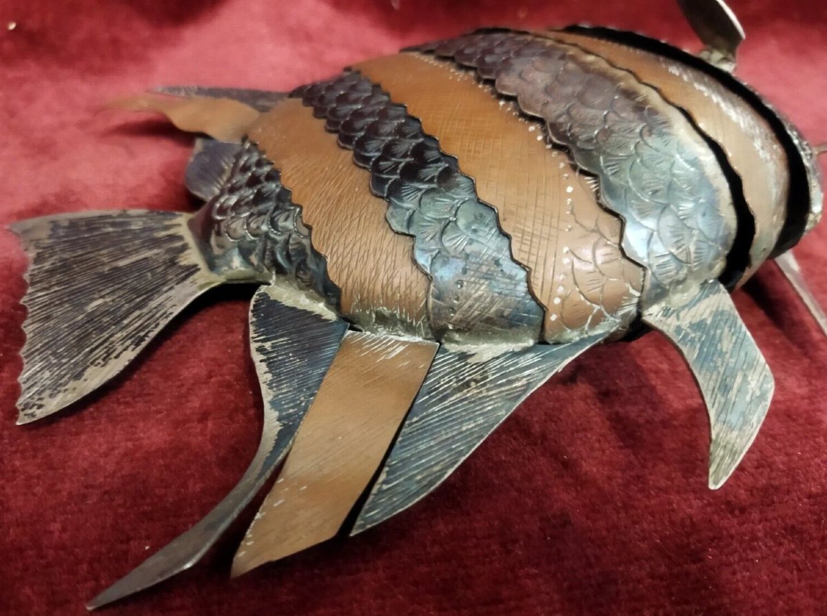 SCULTURA PESCE ARTICOLATO IN RAME e ARGENTO  - anni '70-photo-4