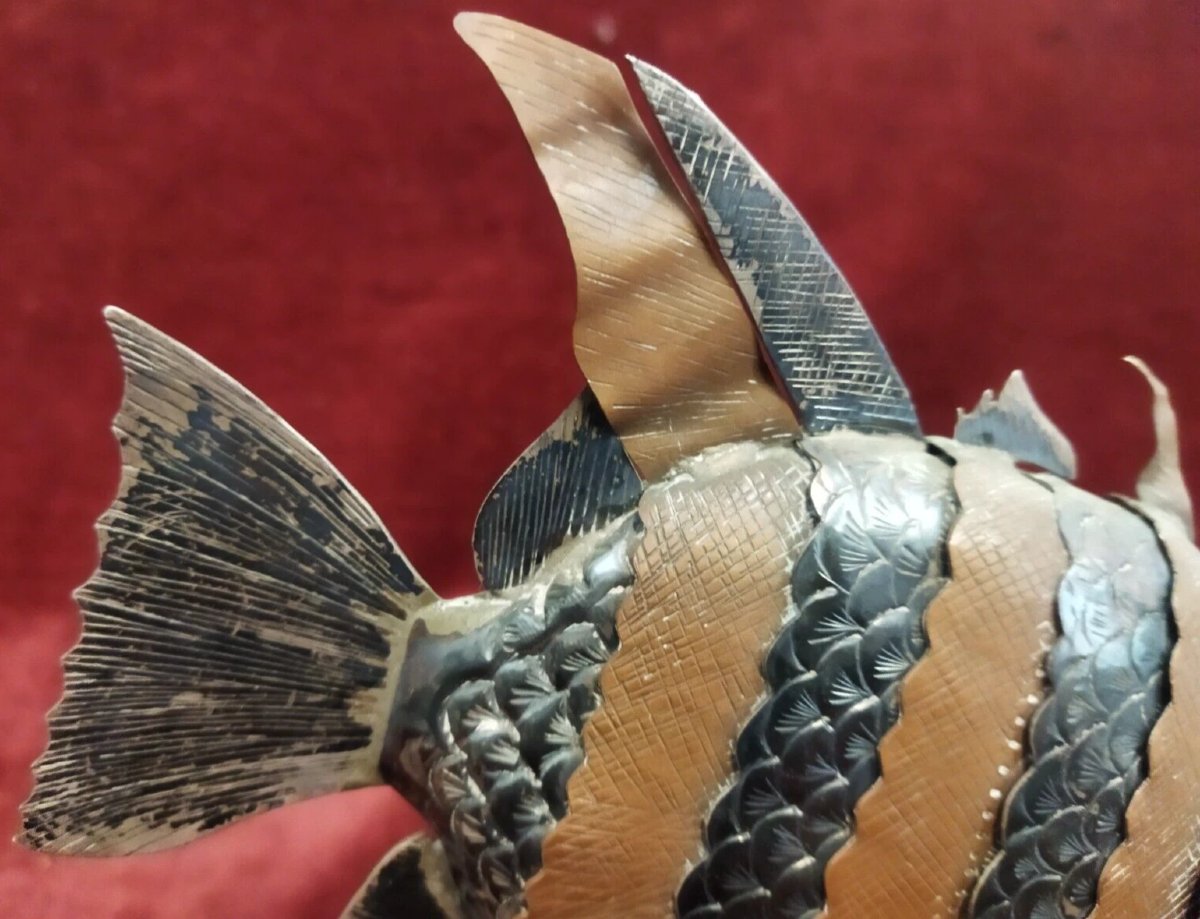 SCULTURA PESCE ARTICOLATO IN RAME e ARGENTO  - anni '70-photo-5