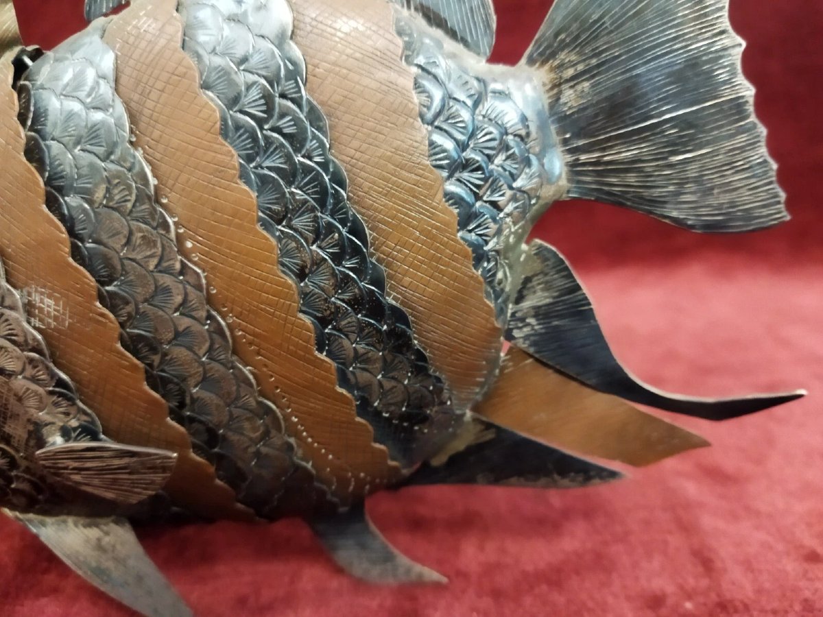 SCULTURA PESCE ARTICOLATO IN RAME e ARGENTO  - anni '70-photo-6