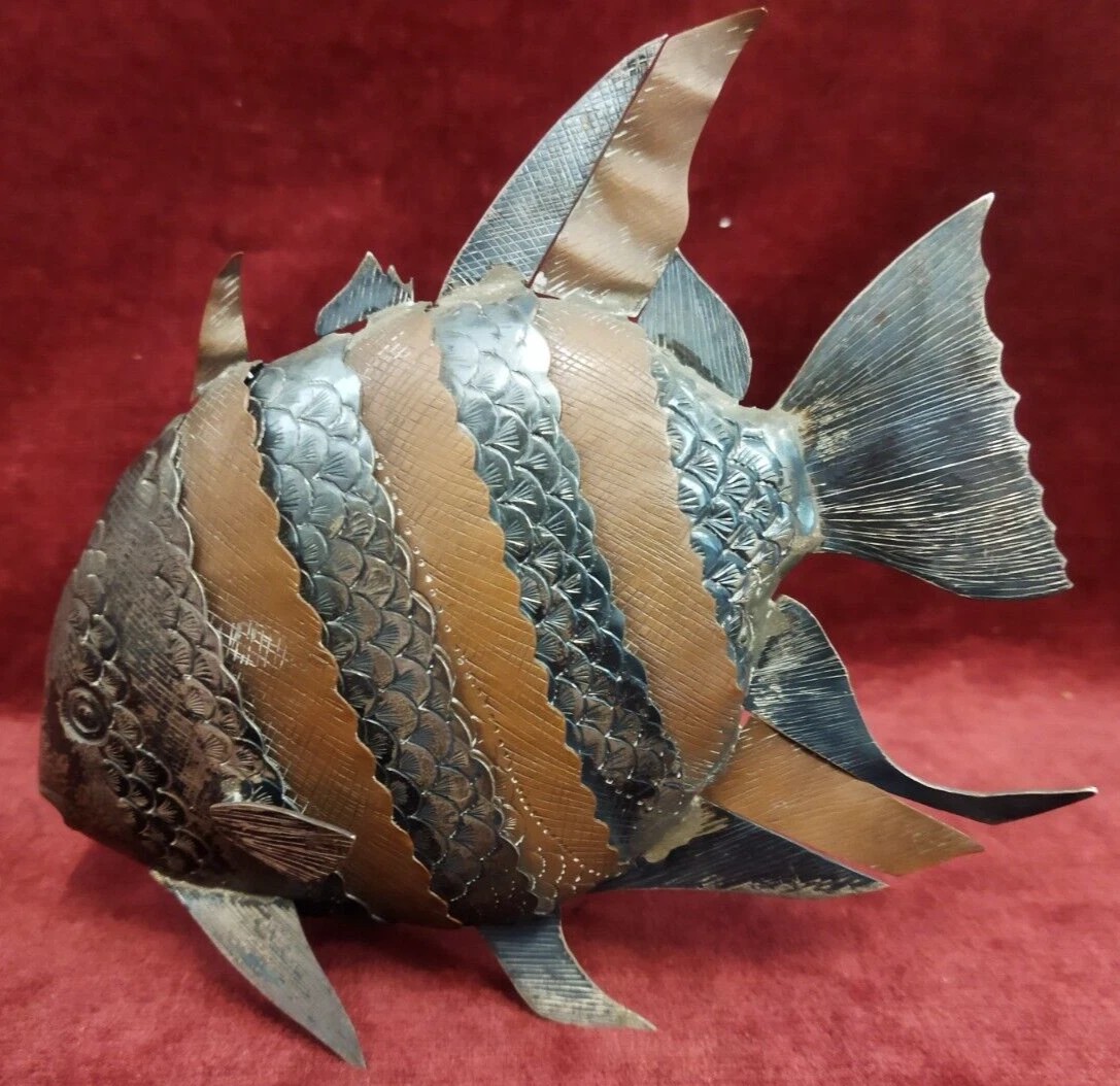 SCULTURA PESCE ARTICOLATO IN RAME e ARGENTO  - anni '70