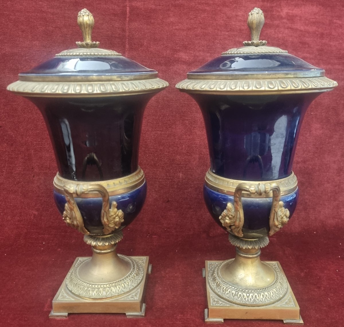 COPPIA VASI IN BRONZO E PORCELLANA BLU DI SEVRES - FRANCIA - PRIMI '900-photo-2