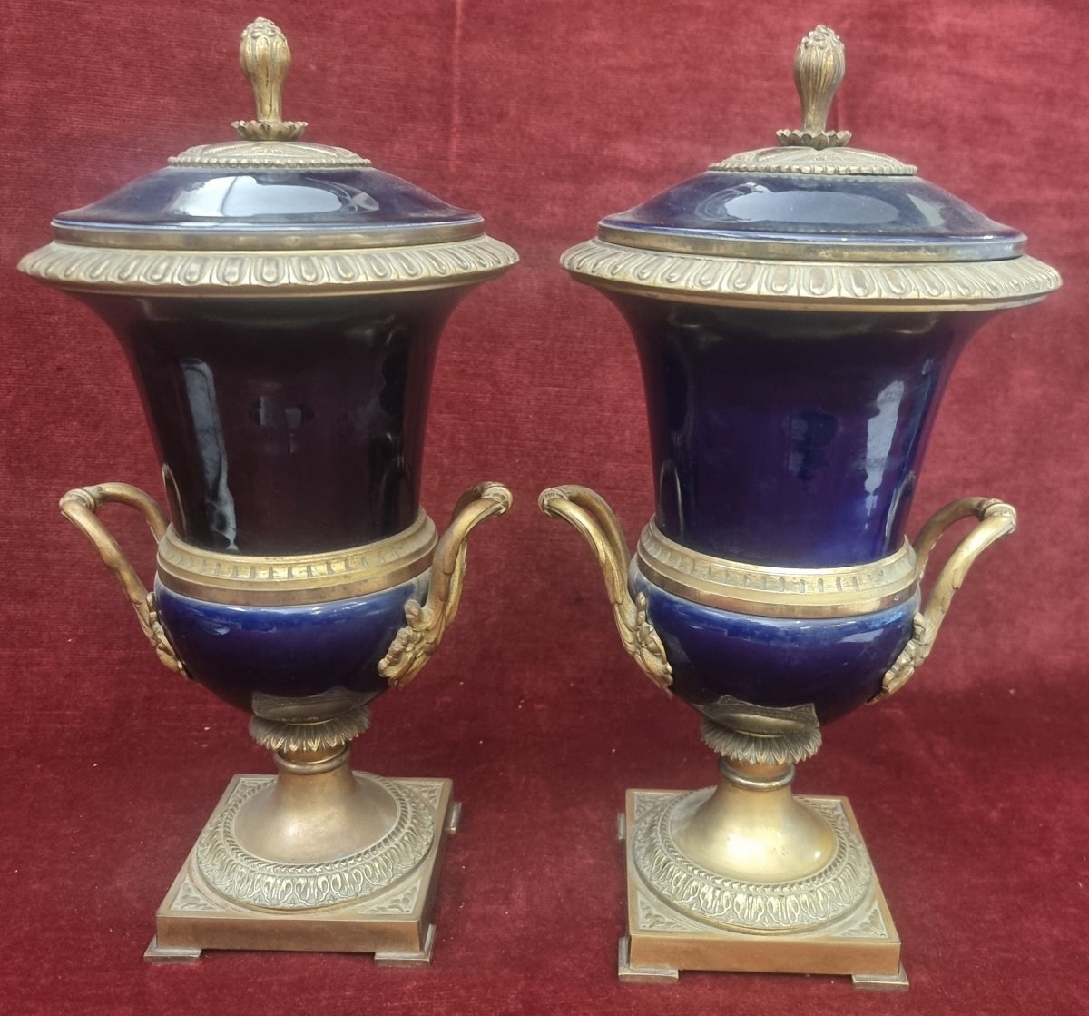 COPPIA VASI IN BRONZO E PORCELLANA BLU DI SEVRES - FRANCIA - PRIMI '900-photo-3