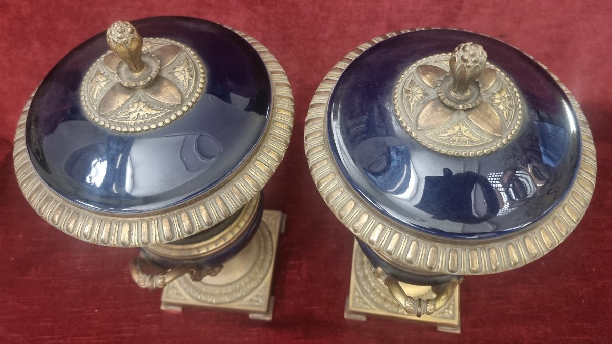 COPPIA VASI IN BRONZO E PORCELLANA BLU DI SEVRES - FRANCIA - PRIMI '900-photo-1
