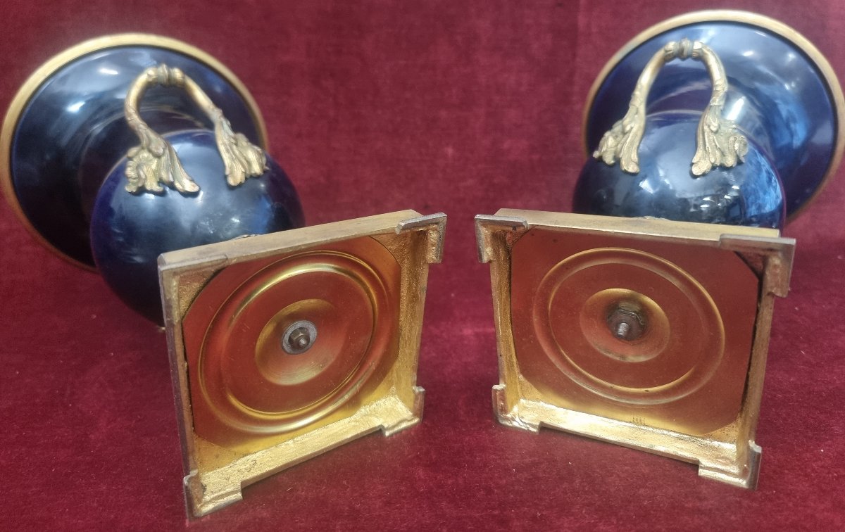 COPPIA VASI IN BRONZO E PORCELLANA BLU DI SEVRES - FRANCIA - PRIMI '900-photo-3