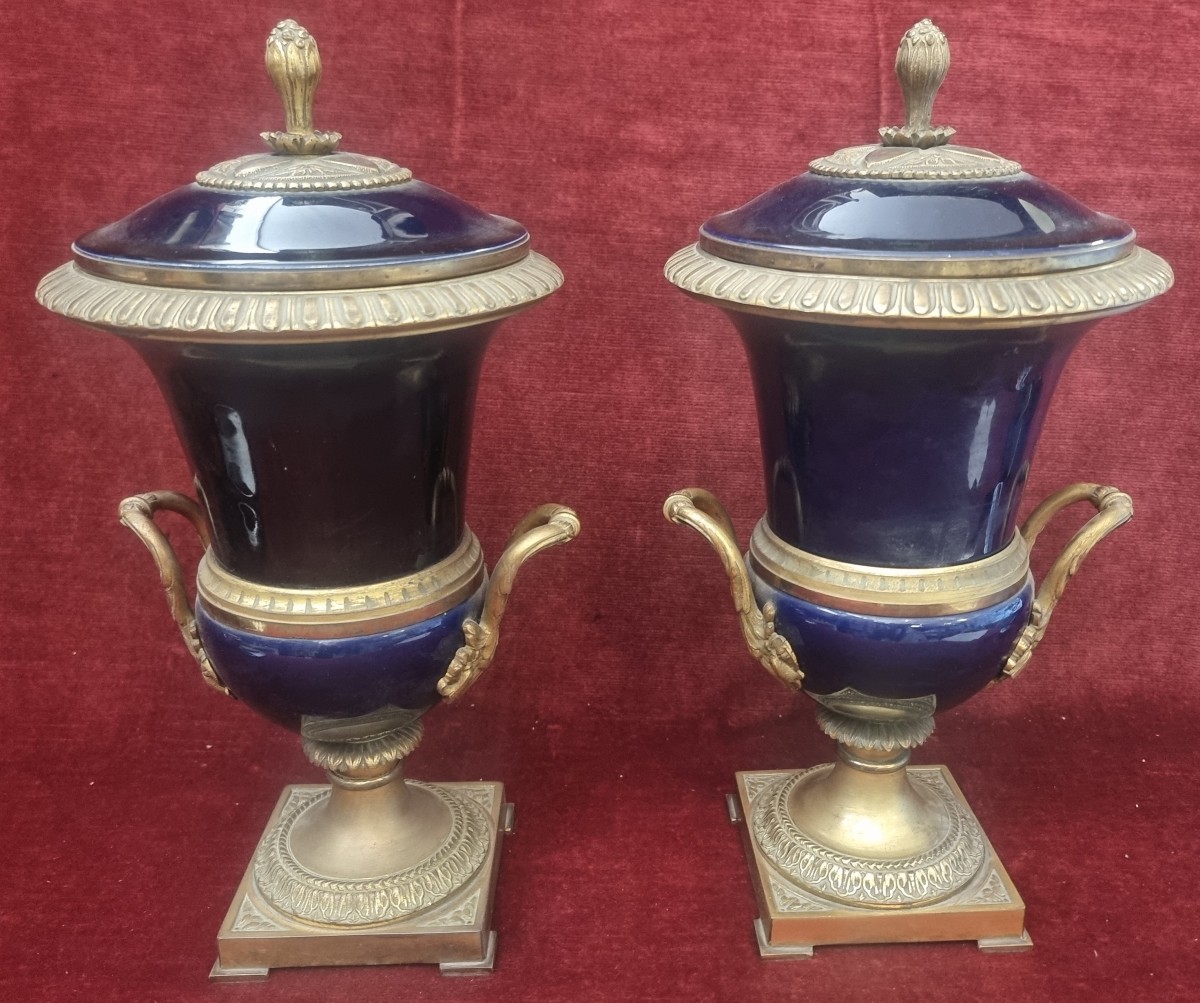 COPPIA VASI IN BRONZO E PORCELLANA BLU DI SEVRES - FRANCIA - PRIMI '900