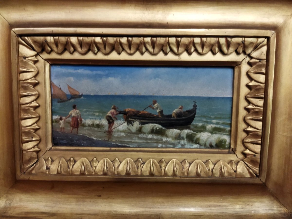 QUADRO OLIO SU TAVOLA PESCATORI IN MARE - con cornice dorata - XIX SECOLO-photo-2