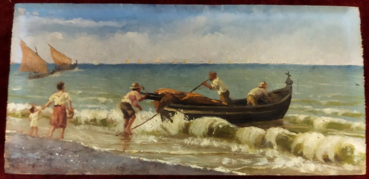 QUADRO OLIO SU TAVOLA PESCATORI IN MARE - con cornice dorata - XIX SECOLO-photo-3