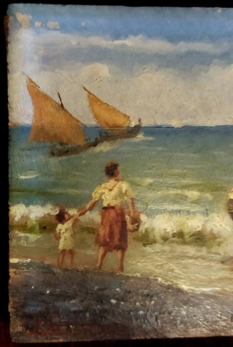 QUADRO OLIO SU TAVOLA PESCATORI IN MARE - con cornice dorata - XIX SECOLO-photo-4