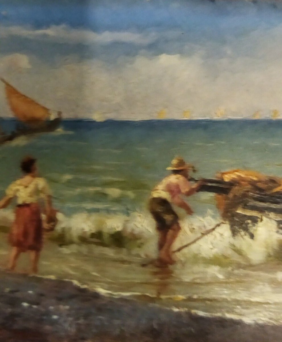 QUADRO OLIO SU TAVOLA PESCATORI IN MARE - con cornice dorata - XIX SECOLO-photo-1