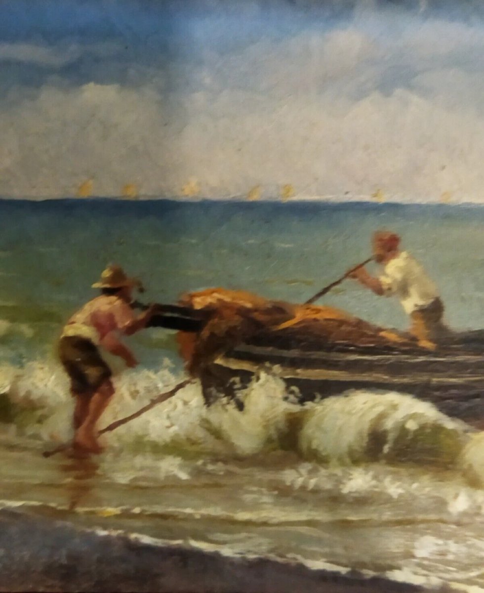QUADRO OLIO SU TAVOLA PESCATORI IN MARE - con cornice dorata - XIX SECOLO-photo-2