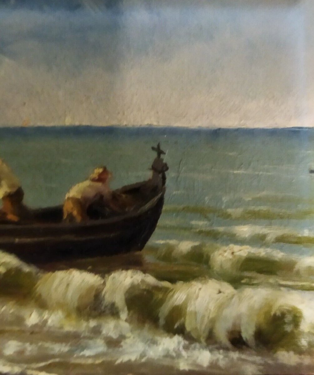 QUADRO OLIO SU TAVOLA PESCATORI IN MARE - con cornice dorata - XIX SECOLO-photo-3
