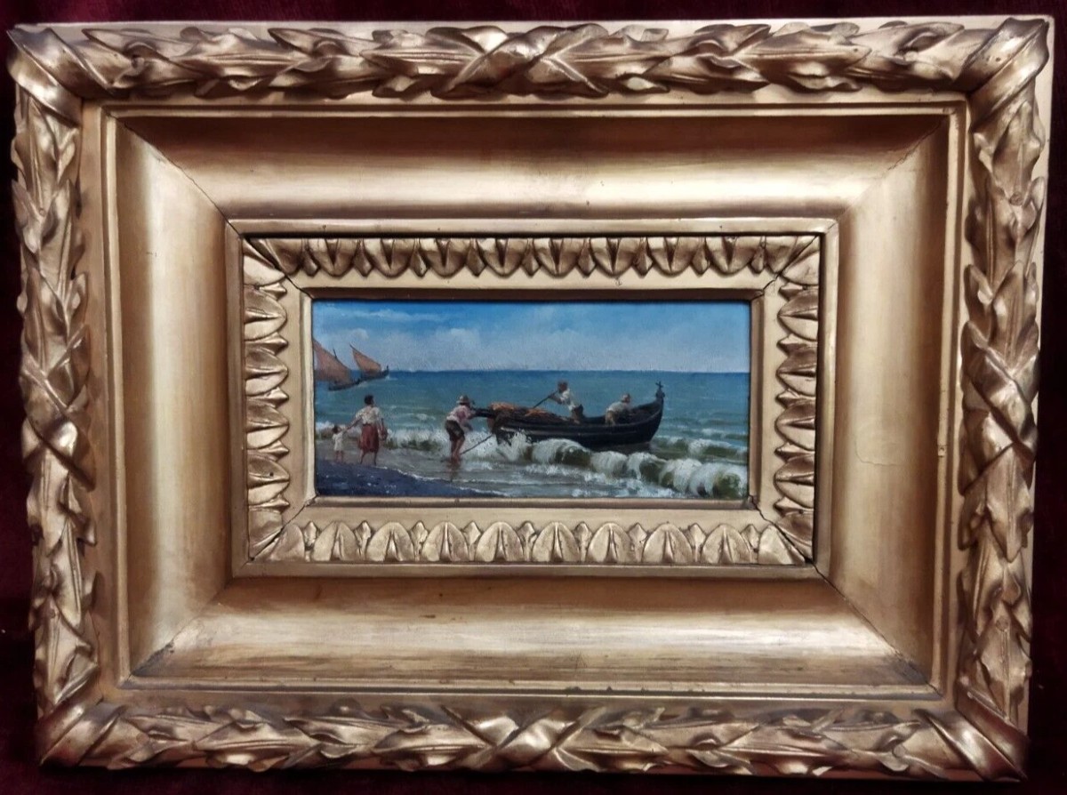 QUADRO OLIO SU TAVOLA PESCATORI IN MARE - con cornice dorata - XIX SECOLO