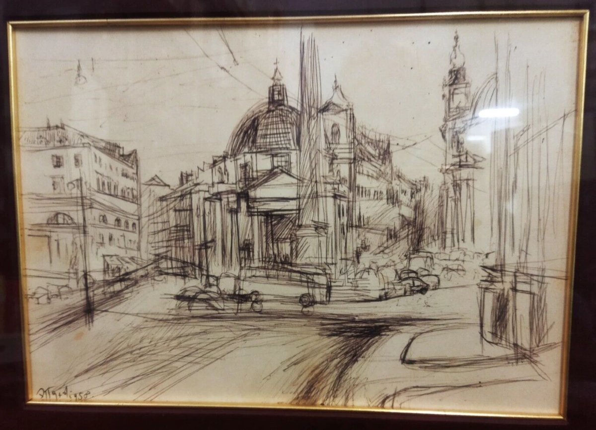 DISEGNO / CHINA Piazza del Popolo, Roma - 1958 di UGO ATTARDI (1923-2006)-photo-2