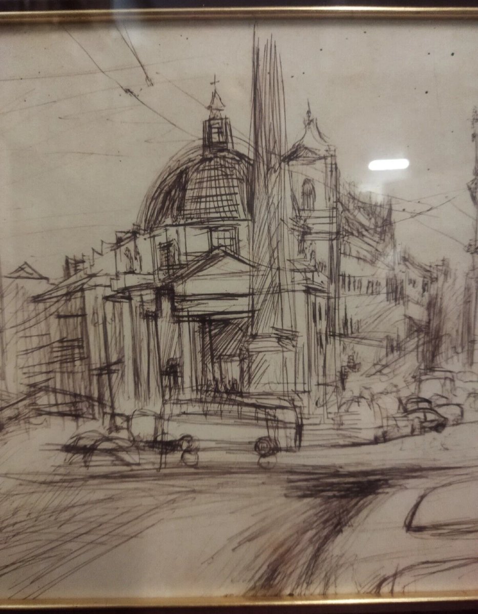 DISEGNO / CHINA Piazza del Popolo, Roma - 1958 di UGO ATTARDI (1923-2006)-photo-4