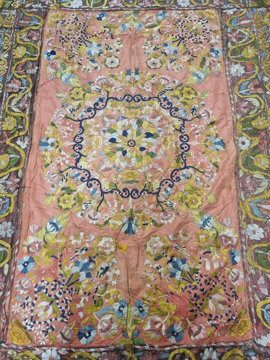 TESSUTO RICAMATO BASE SETA - XVIII SECOLO - 230x170cm-photo-2