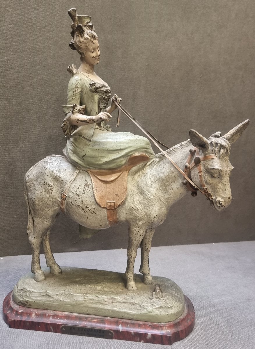 SCULTURA IN BRONZO DIPINTO - "EN EXCURSION" di V. L. BRUYNEEL - XIX SECOLO