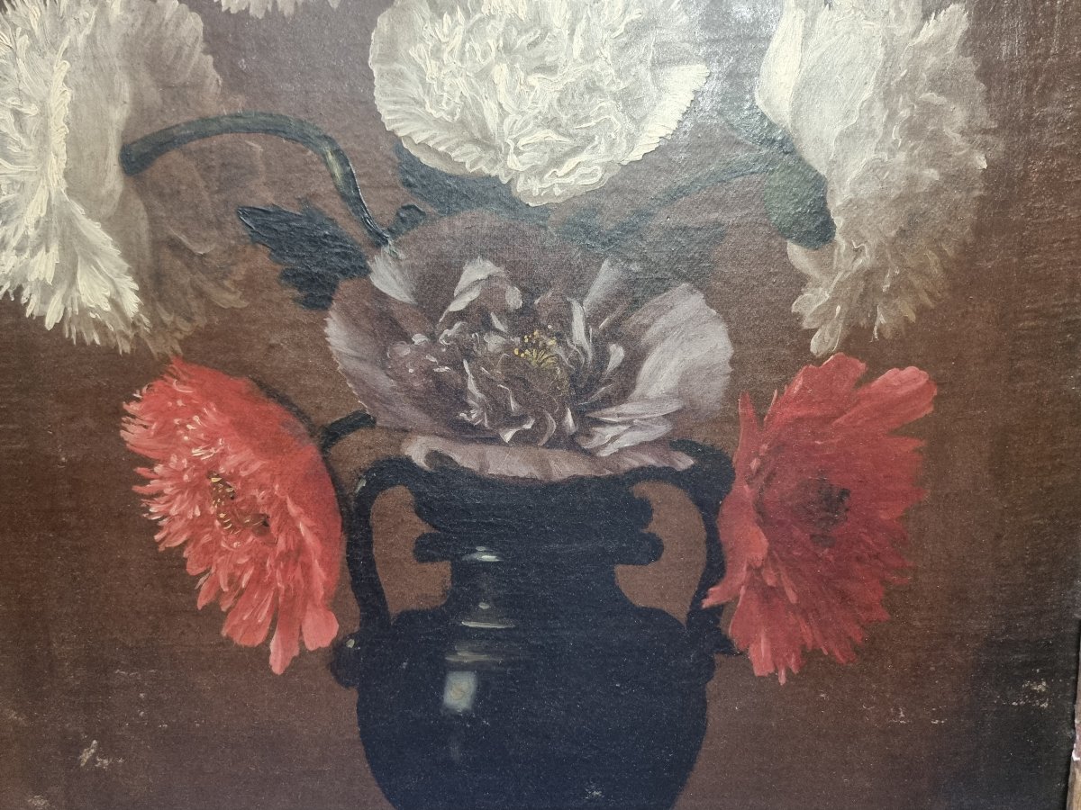 OLIO SU TELA - NATURA MORTA VASO CON FIORI - CORNICE COEVA - DEL XVII SECOLO-photo-3