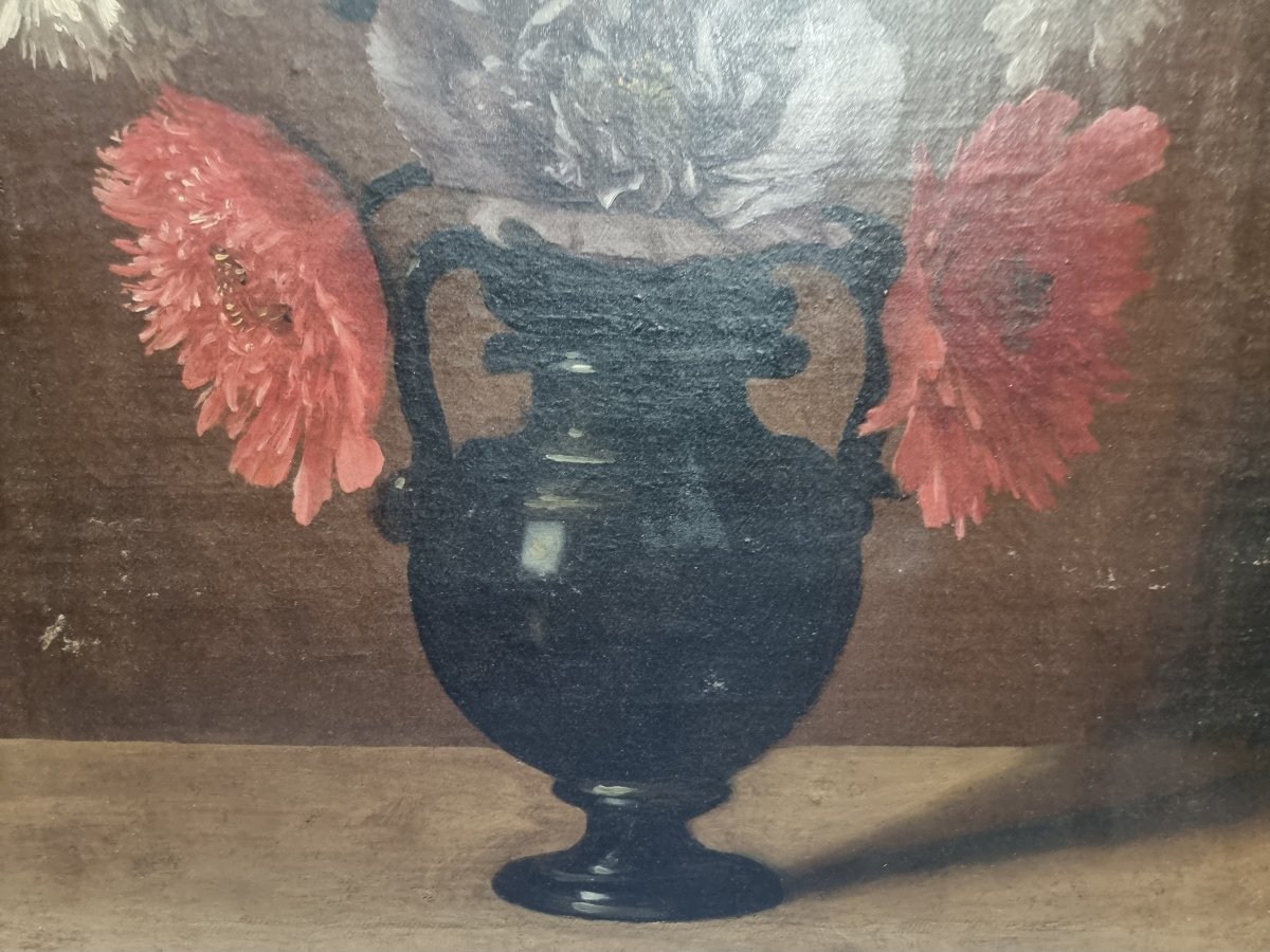 OLIO SU TELA - NATURA MORTA VASO CON FIORI - CORNICE COEVA - DEL XVII SECOLO-photo-4