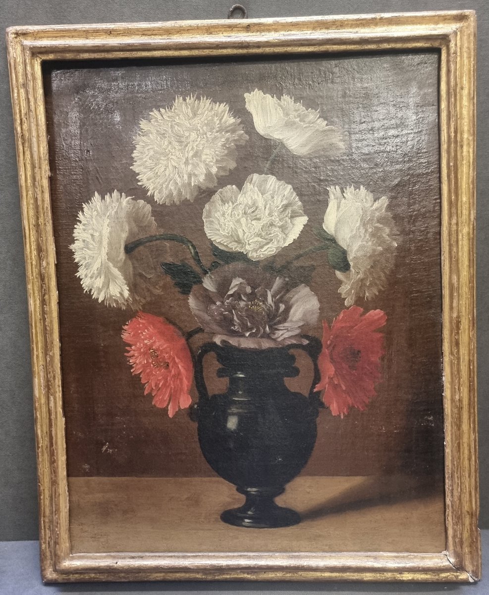 OLIO SU TELA - NATURA MORTA VASO CON FIORI - CORNICE COEVA - DEL XVII SECOLO