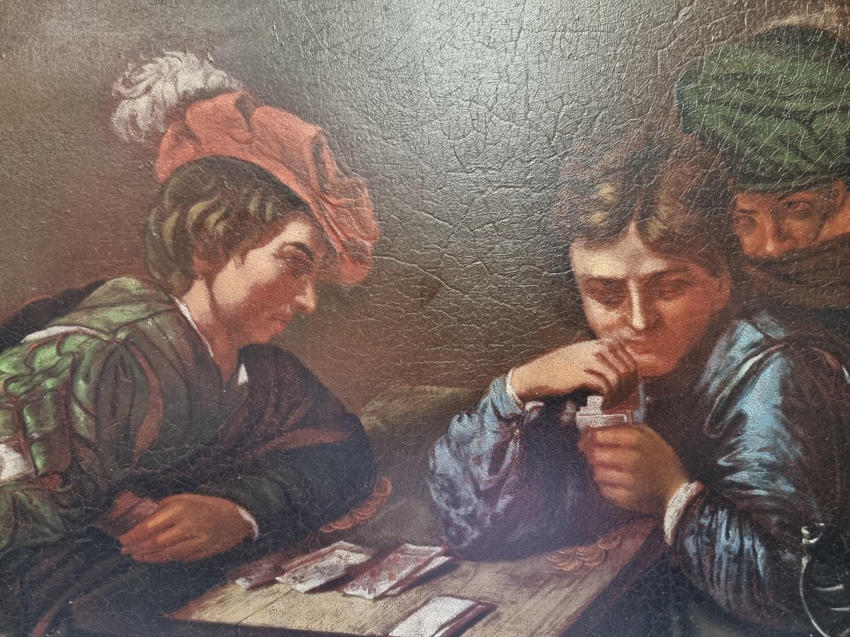 DIPINTO OLIO SU LASTRA DI ZINCO GIOCATORI DI CARTE COPIA VALENTIN DE BOULOGNE - dell'800-photo-2