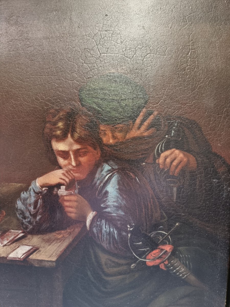 DIPINTO OLIO SU LASTRA DI ZINCO GIOCATORI DI CARTE COPIA VALENTIN DE BOULOGNE - dell'800-photo-3