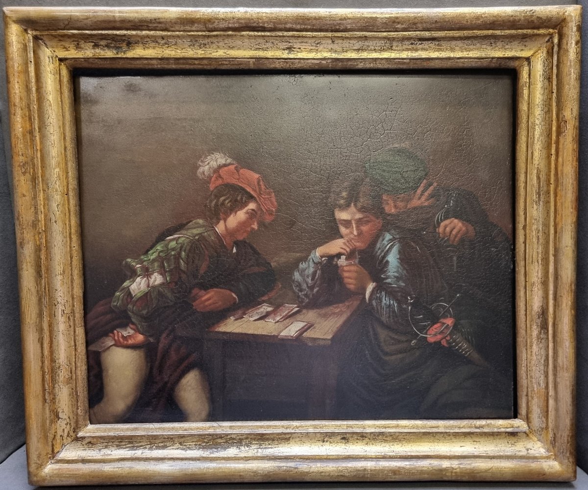 DIPINTO OLIO SU LASTRA DI ZINCO GIOCATORI DI CARTE COPIA VALENTIN DE BOULOGNE - dell'800