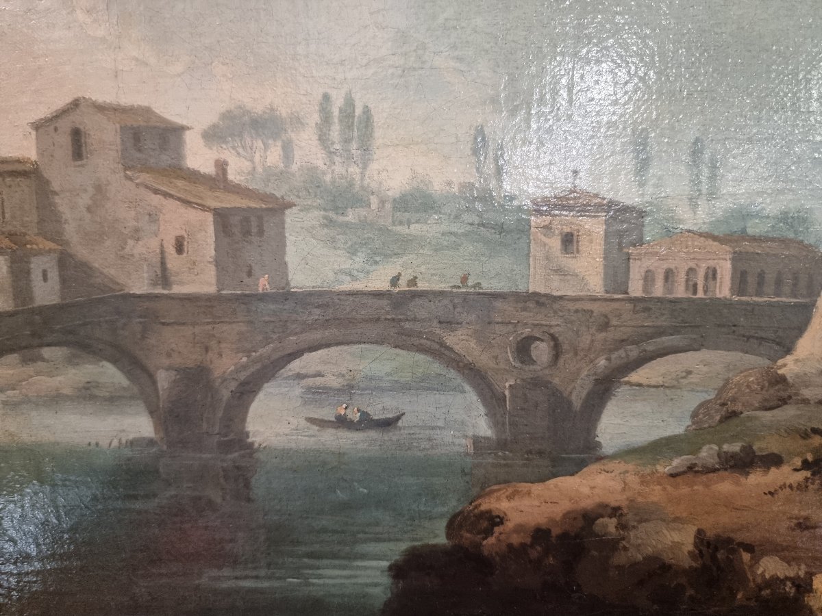 QUADRO OLIO SU TELA - VEDUTA DI PONTE SISTO ROMA - Pittore : PAOLO ANESI (1697-1773)-photo-2
