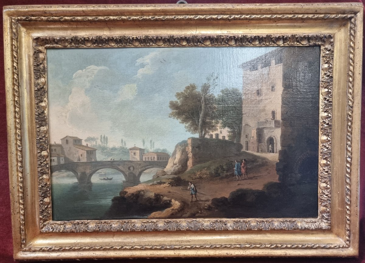 QUADRO OLIO SU TELA - VEDUTA DI PONTE SISTO ROMA - Pittore : PAOLO ANESI (1697-1773)