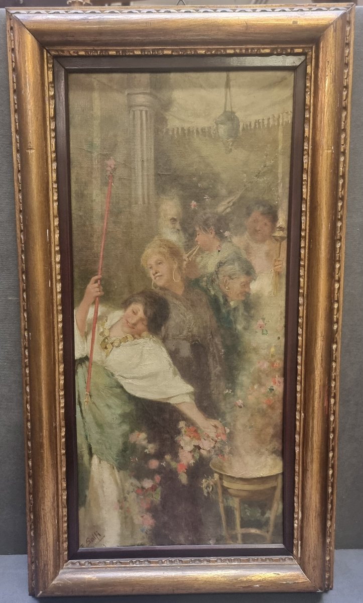 OLIO SU TELA RAFFIGURANTE FESTA PAGANA (CEREALIA) - ENRICO SALFI (COSENZA 1857-1935)