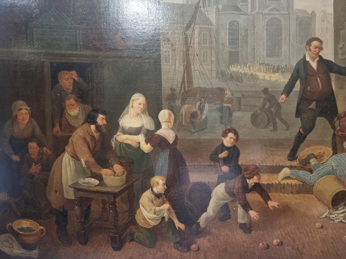 OLIO SU TELA RAFFIGURANTE SCENA AL MERCATO - Firmato C. COENE (1779-1841)-photo-3