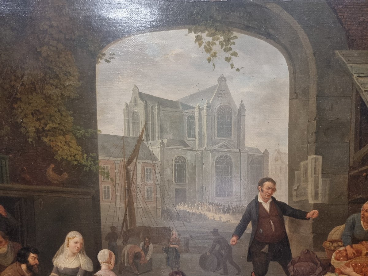 OLIO SU TELA RAFFIGURANTE SCENA AL MERCATO - Firmato C. COENE (1779-1841)-photo-4