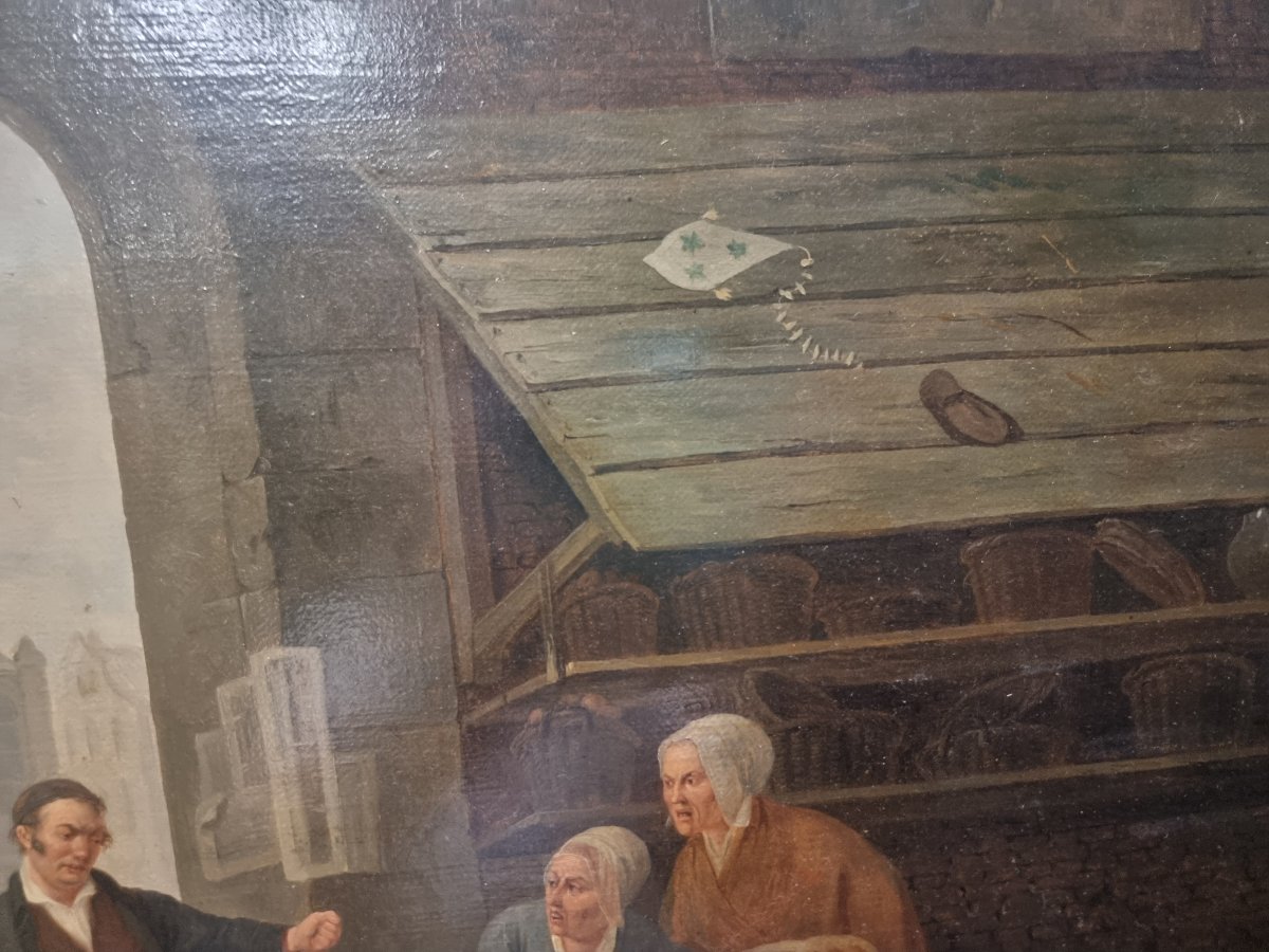 OLIO SU TELA RAFFIGURANTE SCENA AL MERCATO - Firmato C. COENE (1779-1841)-photo-1